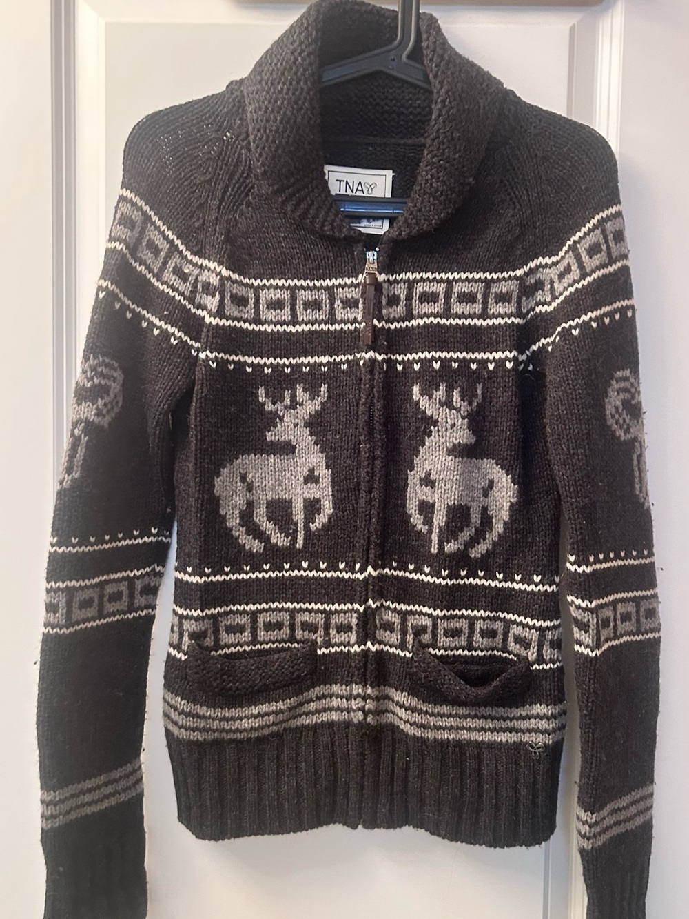TNA Black and Gray Reindeer Zip Cardigan